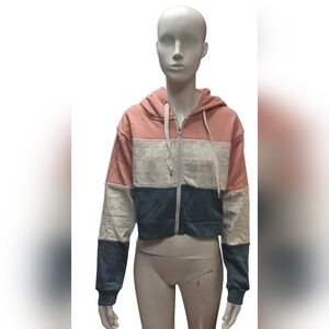 Doublju Women's Tri-Color Cropped Hoodie, Size Large